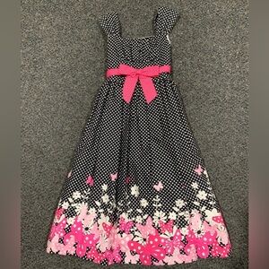Bonnie Jean Black & Hot Pink Polka Dot Floral Maxi Dress with Bow